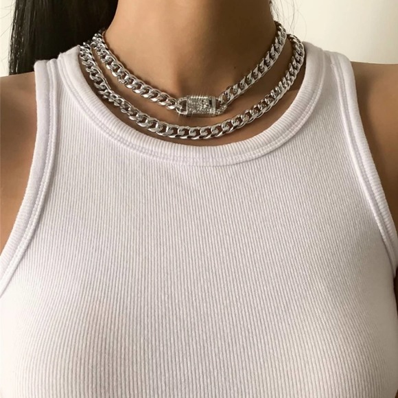 SILVER RHINESTONE LOCK CUBAN CHAIN LINK LAYER CHOKER NECKLACE - Picture 2 of 5